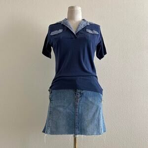Vintage navy blue gingham collared shirt size L